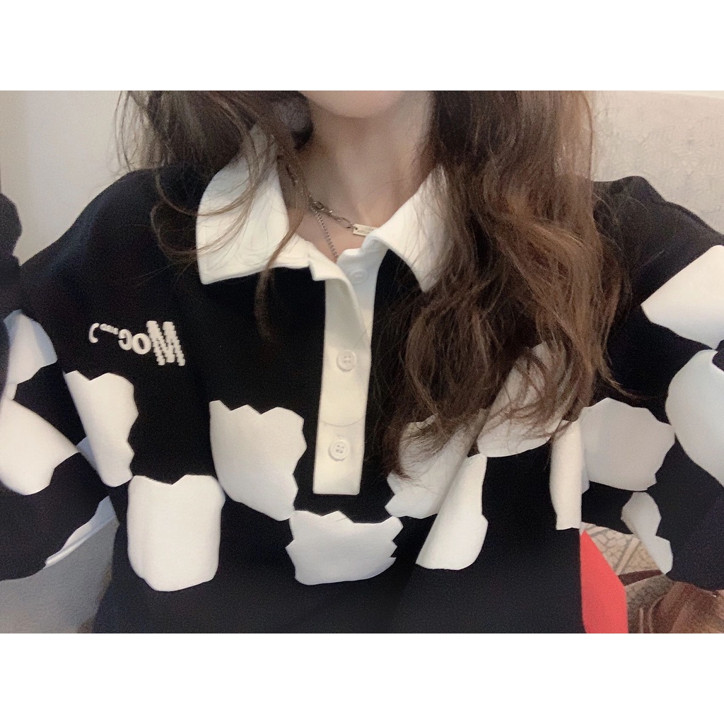 Áo Khoác Polo Dài Tay Dáng Rộng Họa Tiết Ca Rô Đen Trắng Thời Trang Mùa Thu Dành Cho Nữ