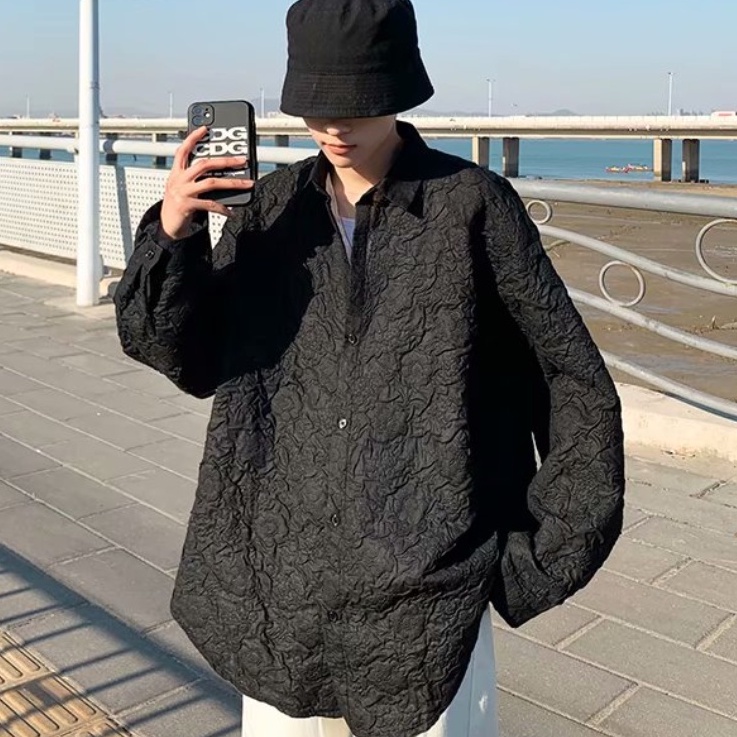 Áo Sơ Mi Tay Ngắn Cổ Đứng Dáng Rộng Họa Tiết Dập Nổi Thời Trang Cho Nam