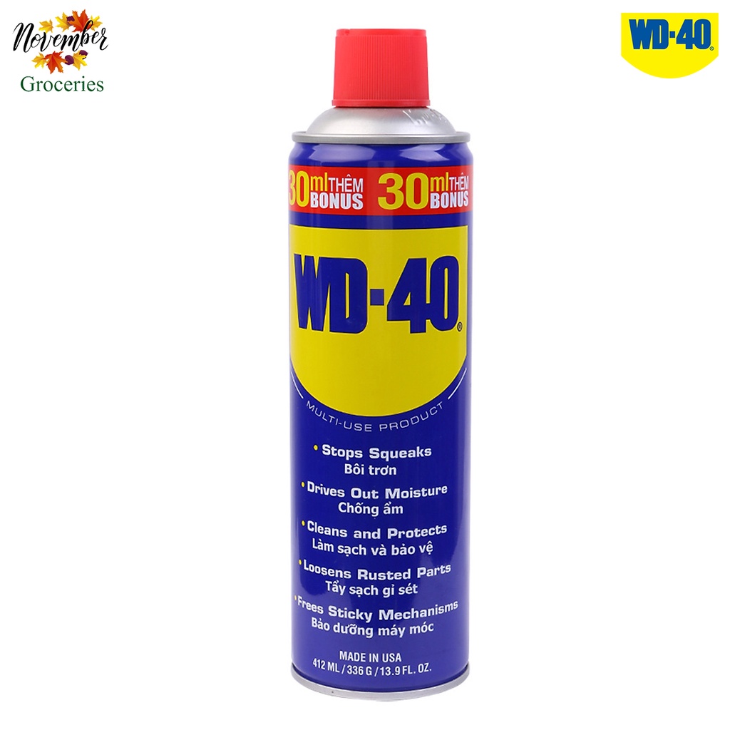 WD-40 Chai Xịt Bôi Trơn, Chống Ấm, Làm Sạch và Bảo Vệ, Tẩy Sạch Gỉ Sét, Bảo Dưỡng Máy Móc 412ML Hàng Chính Hãng 100%