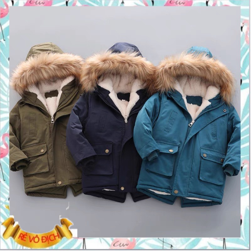 Áo khoác cho bé lót lông 4-12 tuổi cúc đồng hàng xuất khẩu, Áo Parka bé trai mũ lông kiểu dáng khỏe khoắn thời trang