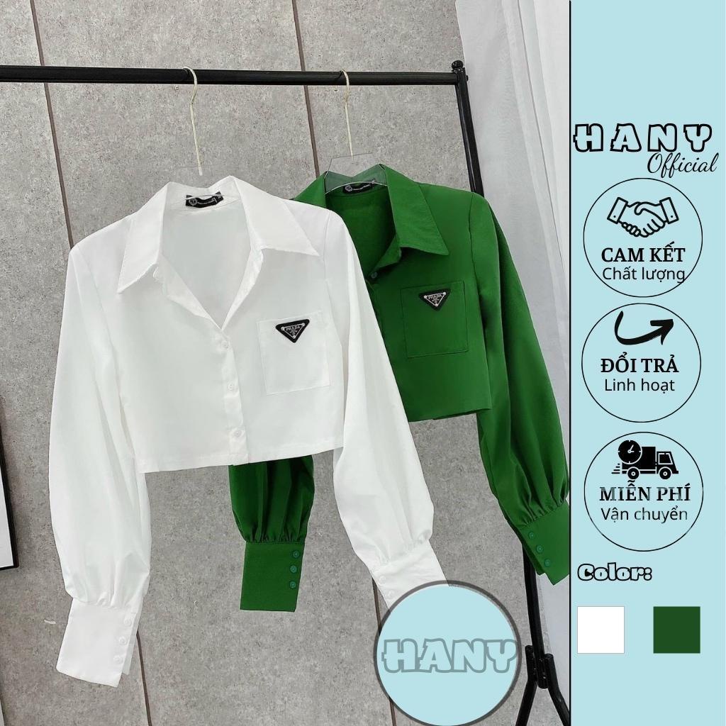 Áo sơ mi croptop kiểu tay dài phối 1 túi hai màu xanh, trắng trẻ trung năng động hình thật HANY