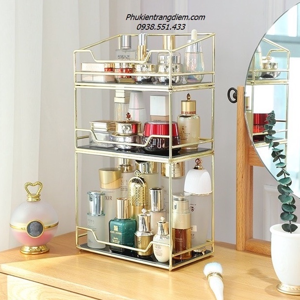 Kệ Mỹ Phẩm Nước Hoa Vàng Golden 3 Tầng - Sắp Xếp Đựng Đồ Trang Điểm Để Bàn Sang Trọng