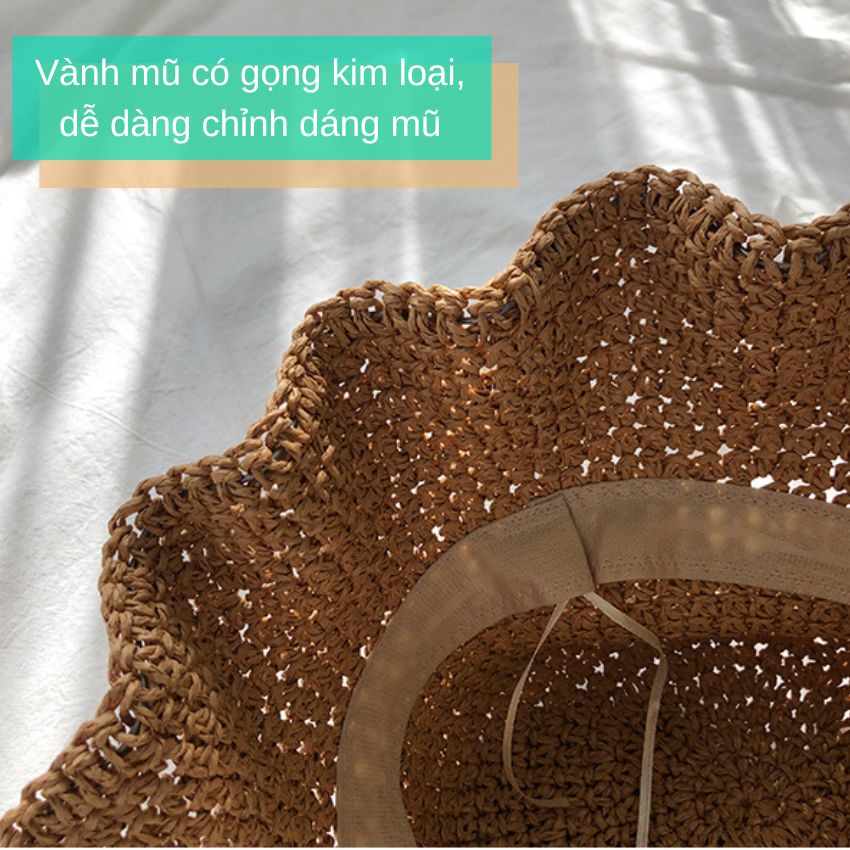 Mũ cói mềm dây ren buộc cổ phong cách tiểu thư