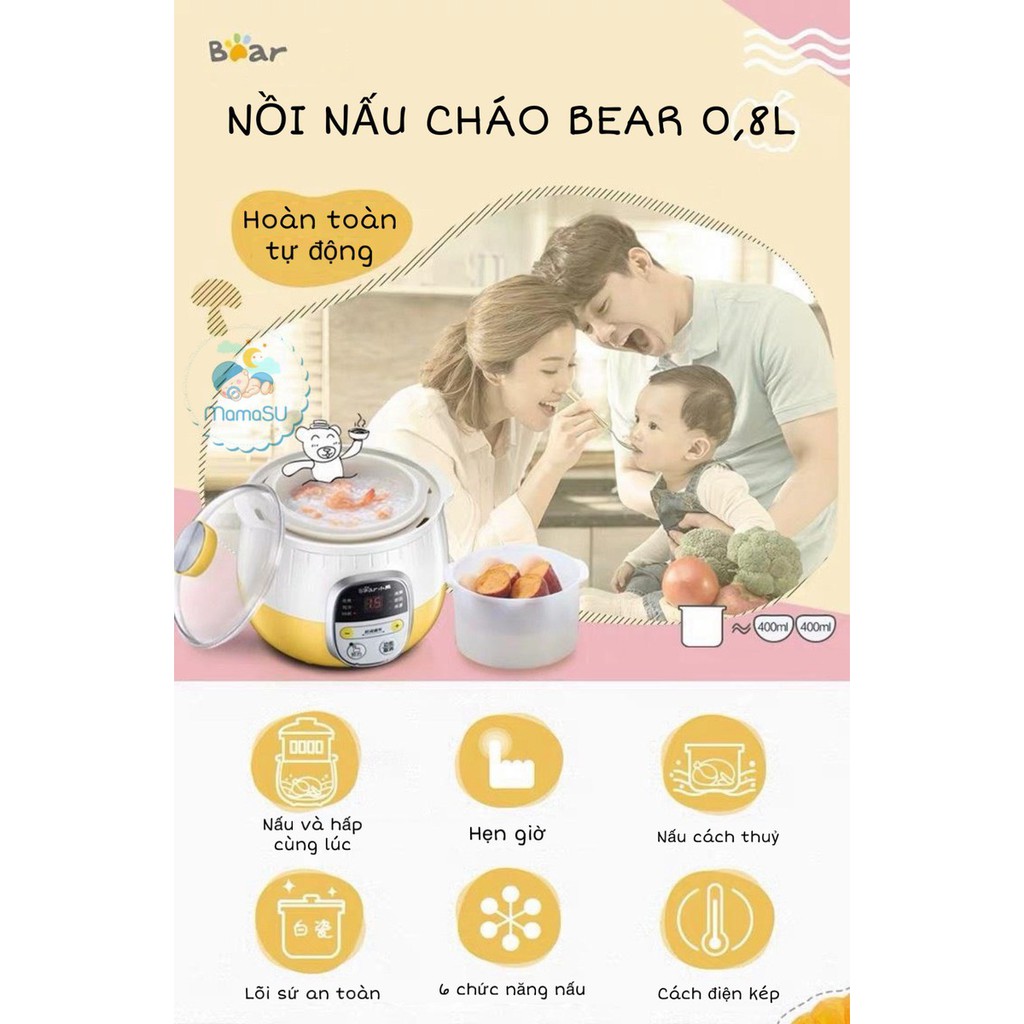 NỒI HẦM CHÁO CHẬM BEAR CÓ HẸN GIỜ 0,8L  CÓ LÔNG HẤP,4 IN 1