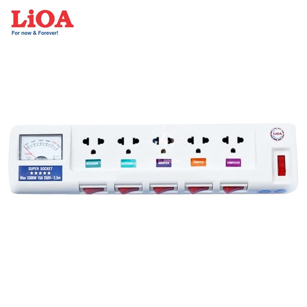 Ổ cắm điện công suất lớn, ổ cắm chịu tải, đa năng, đo công suất, cao cấp, LIOA, 5 ổ cắm, 6 công tắc, 5OFSSA2.5-2