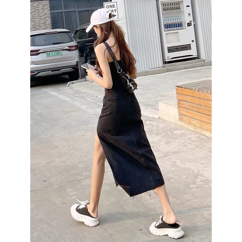 Jiashucheng Chân Váy Denim Xẻ Tà Thời Trang Mùa Hè Cho Nữ