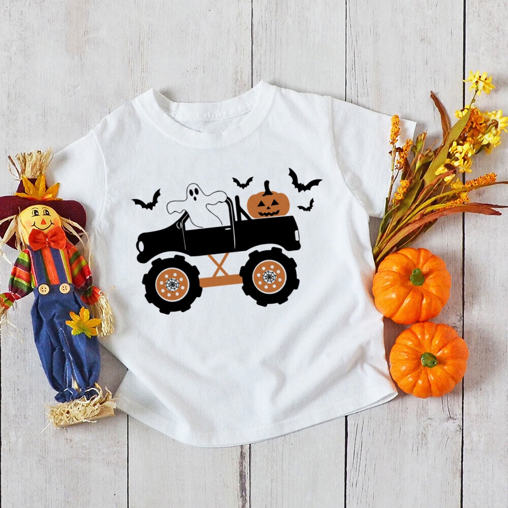 Áo thun trẻ em in họa tiết Halloween Áo thun ngắn tay màu trắng