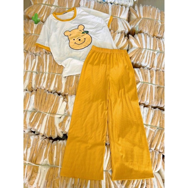 Set bộ quần ống rộng áo thun gấu pooh form rộng cho nữ