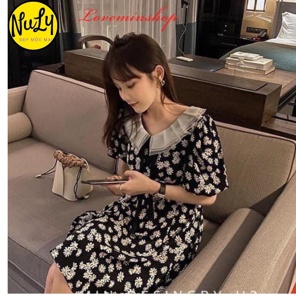 Váy Đầm Hoa Cúc Cổ Ren Tay Ngắn Dáng Dài Xòe,Váy Thiết Kế Hotrend Phong Cách Hàn Quốc Freesize<70kg | BigBuy360 - bigbuy360.vn