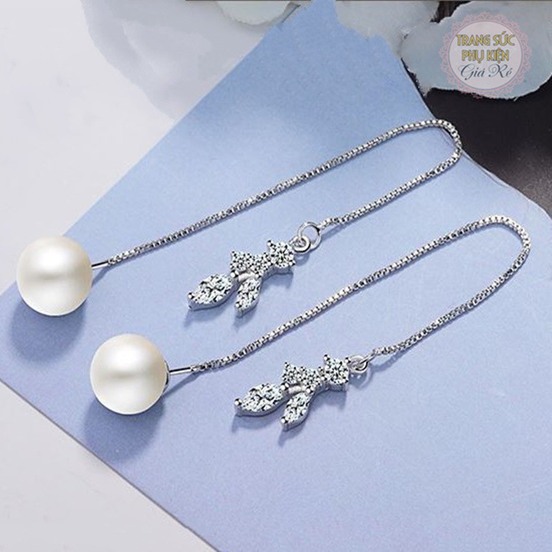 Hoa tai khuyên dài hai đầu hạt châu và họa tiết đá trắng HT169, bạc Ý S925