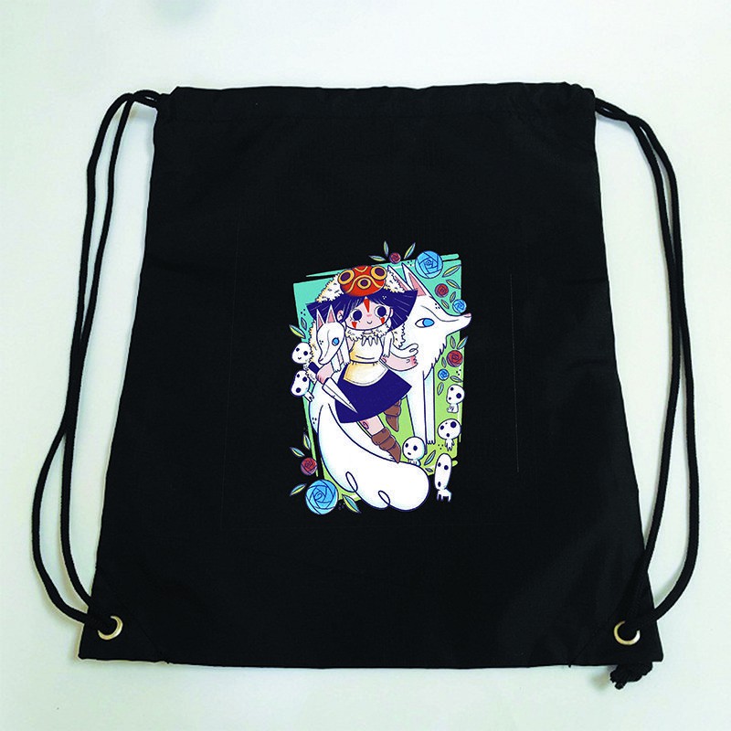 Balo dây rút đen in hình MONONOKE HIME Công Chúa Mononoke Ghibli anime chibi túi rút đi học xinh xắn thời trang