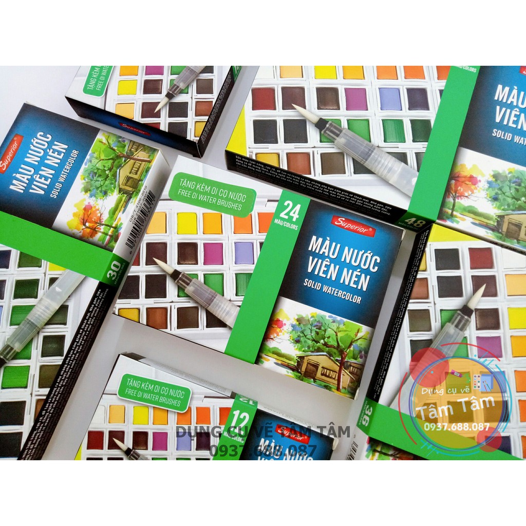 [ TÂM TÂM ]-Màu nước superior dạng viên nén hộp 36 màu-
