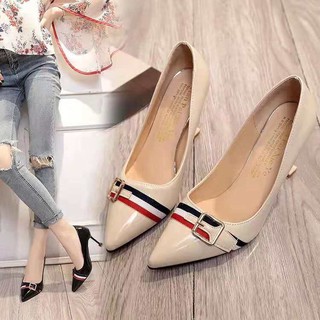 Giày cao gót phối nơ kẻ xinh xắn