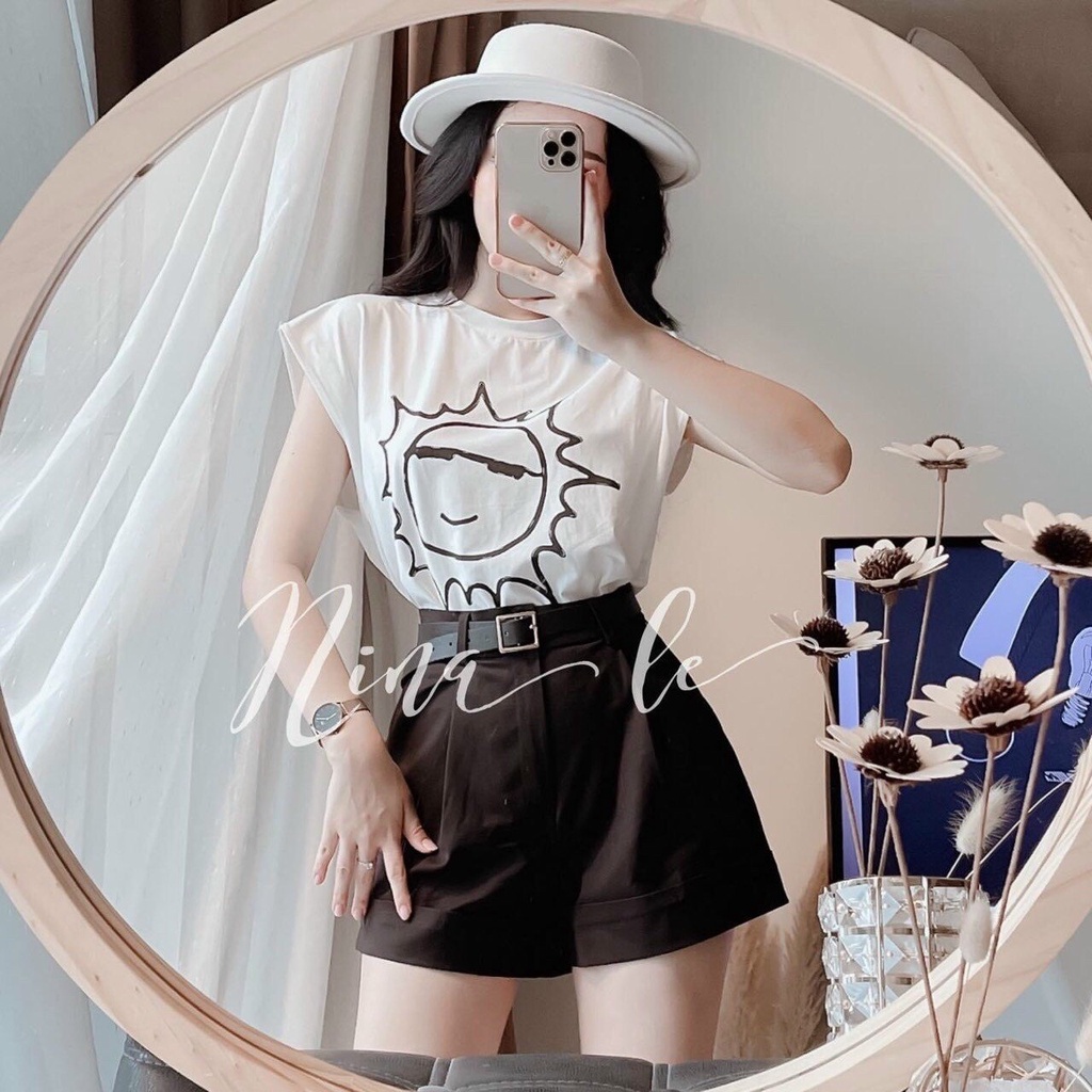 Sét bộ cộc áo trắng tinh khôi họa tiết hình mặt trời phối với quần  gấp ống siêu xinh 2 màu đen và nâu
