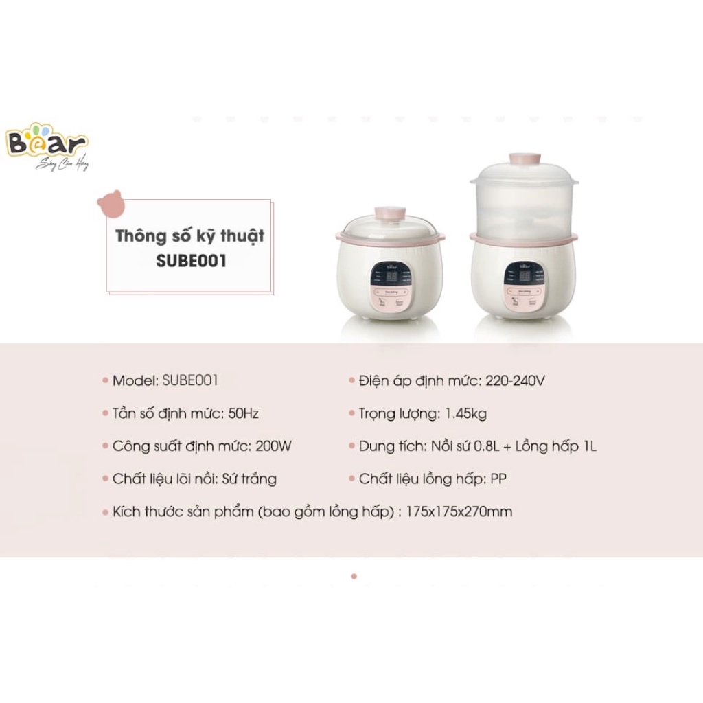 Nồi chưng yến điện Bear, Nồi nấu chậm 0.8L Bear Chính hãng, nấu cháo bản Quốc tế Bảo hành Chính hãng