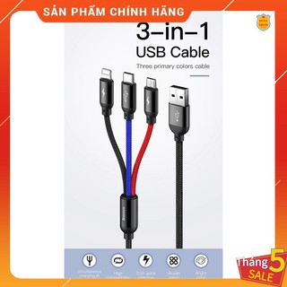 Cáp sạc 3 đầu 120CM - BASEUS THREE PRIMARY COLORS Tích hợp 3 kết nối TYPE C, ANDROID VÀ LIGHTNING