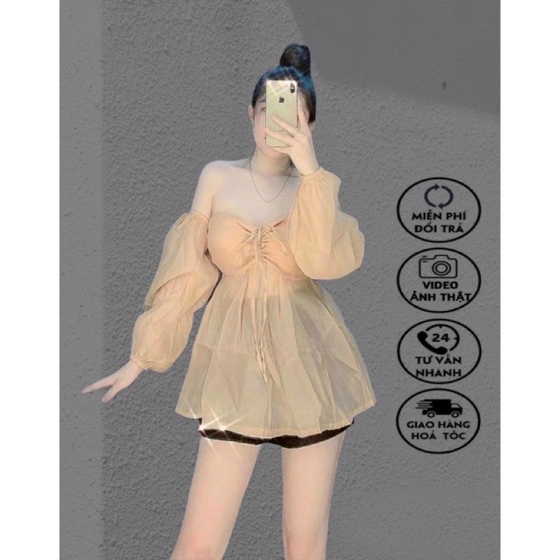 áo trễ vai tay phồng tiểu thư dáng babydoll,áo bẹt vai voan bánh bèo cúp ngực may kèm mút