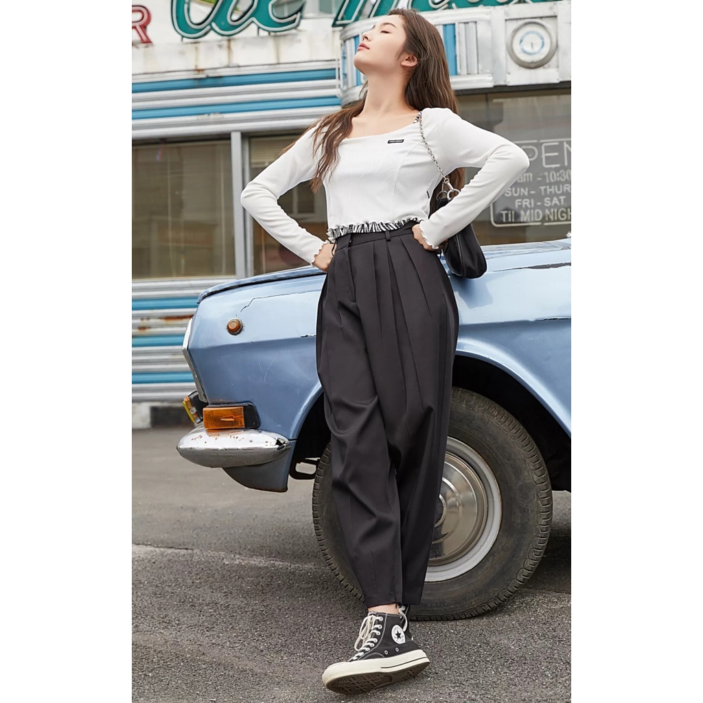 Vero Moda Quần Nữ Cổ Điển Cạp Lỡ Xếp Li Bóng Bay Thường Ngày Có Chốt Cài Mắt Cá Chân 321150018