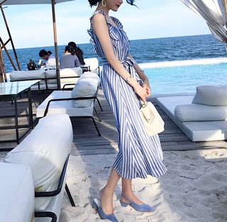 Đầm suông, váy midi sọc xanh dây bèo (kèm hình thật)