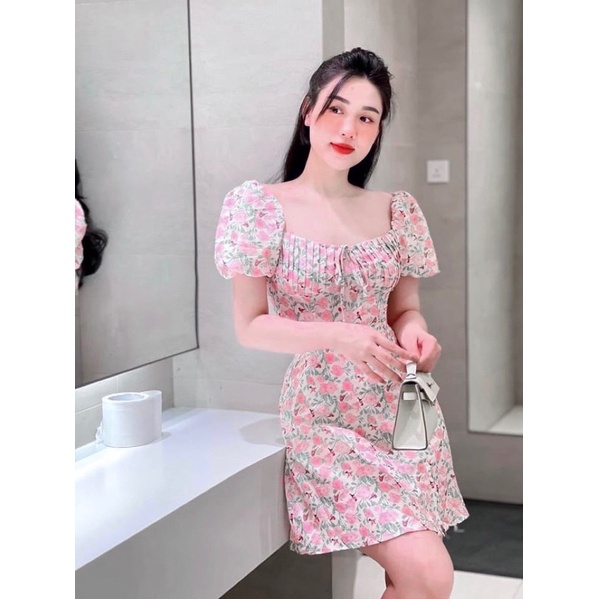 Váy hoa hồng cup ngực li rúm tay phồng