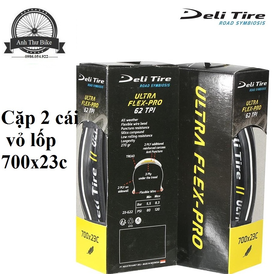Cặp 2 cái vỏ lốp gấp xe đạp Deli Tire ULTRA FLEX-PRO 700x23c viền trắng