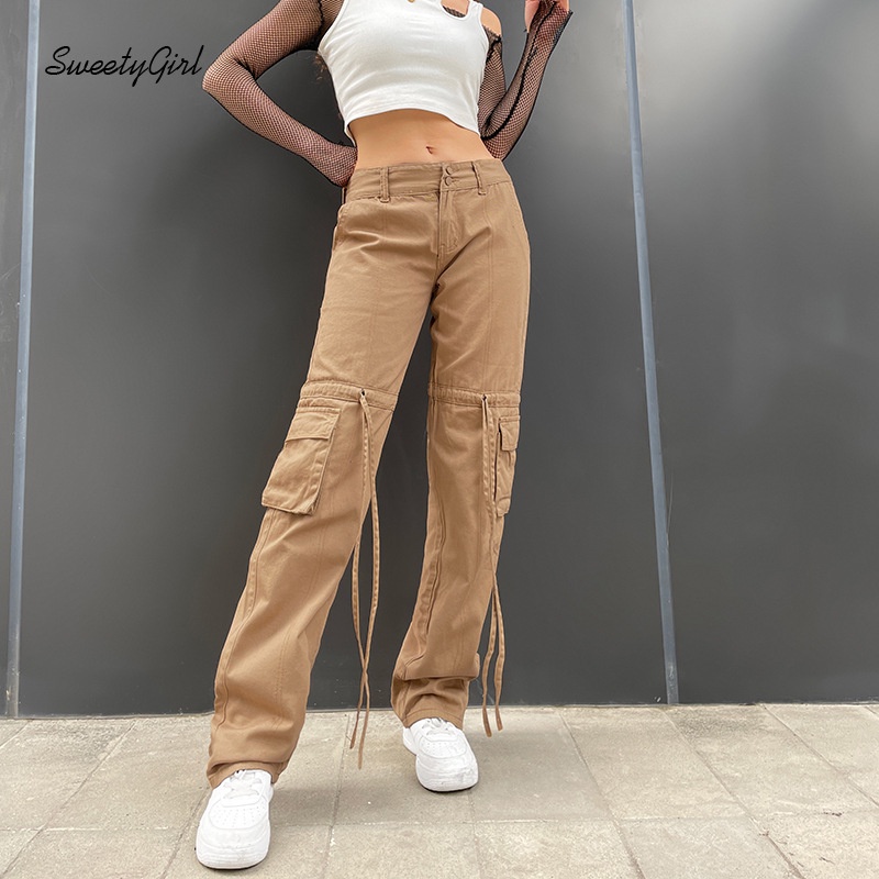 Quần jean ống suông Lưng Thấp Phối Túi Màu Trơn 2022 Thời Trang Cho Nữ