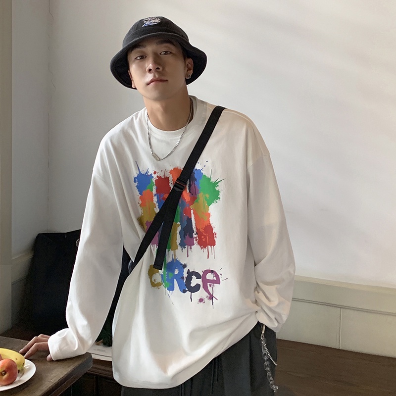 Áo thun tay dài dáng rộng in họa tiết graffiti phong cách đường phố kiểu Hàn năng động cho nam M-5XL