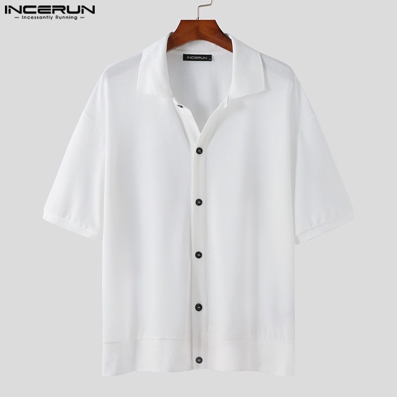 Áo sơ mi dệt kim INCERUN tay ngắn màu trơn cài nút cổ bẻ thời trang cao cấp cho nam