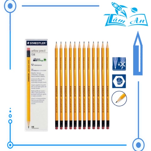 Bút Chì Gỗ STAEDTLER 134/2B, Noris 120 Yellow Pencil Có Đầu Tẩy Tiện Lợi Cho Học Sinh, Văn Phòng,...