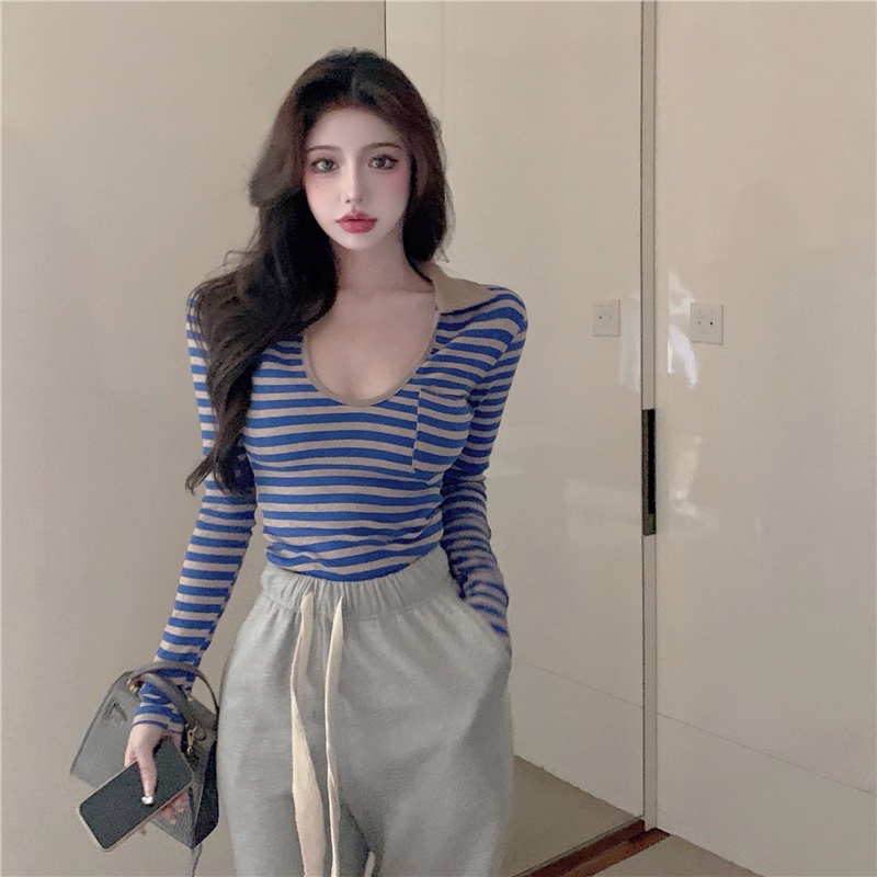 Áo Thun Tay Dài Cổ Chữ V Họa Tiết Kẻ Sọc Phong Cách Retro Thời Trang Mùa Đông