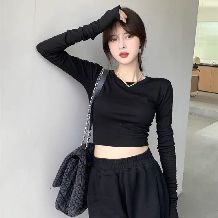 Áo Croptop Tay Dài CỔ TRÒN Nữ Ôm Body Chất Tốt, Áo Thun kiểu nữ crt dài tay mặc đẹp GUVIA