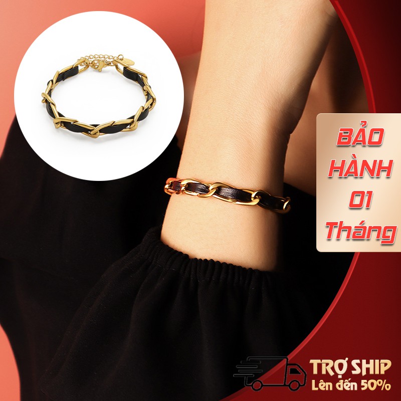 Vòng tay, lắc tay nữ bằng Thép Titan mạ vàng 18K không phai màu đan dây Da cá tính - Thời Trang Âu Mỹ.