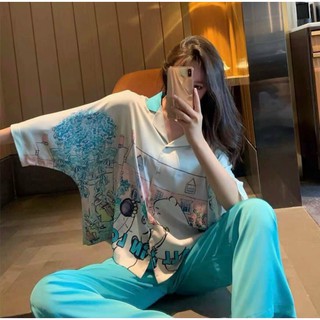 Đồ Bộ Phi Lụa Quần Dài, Pijama Lụa Cao Cấp, Hoạ Tiết Gấu Trẻ Trung