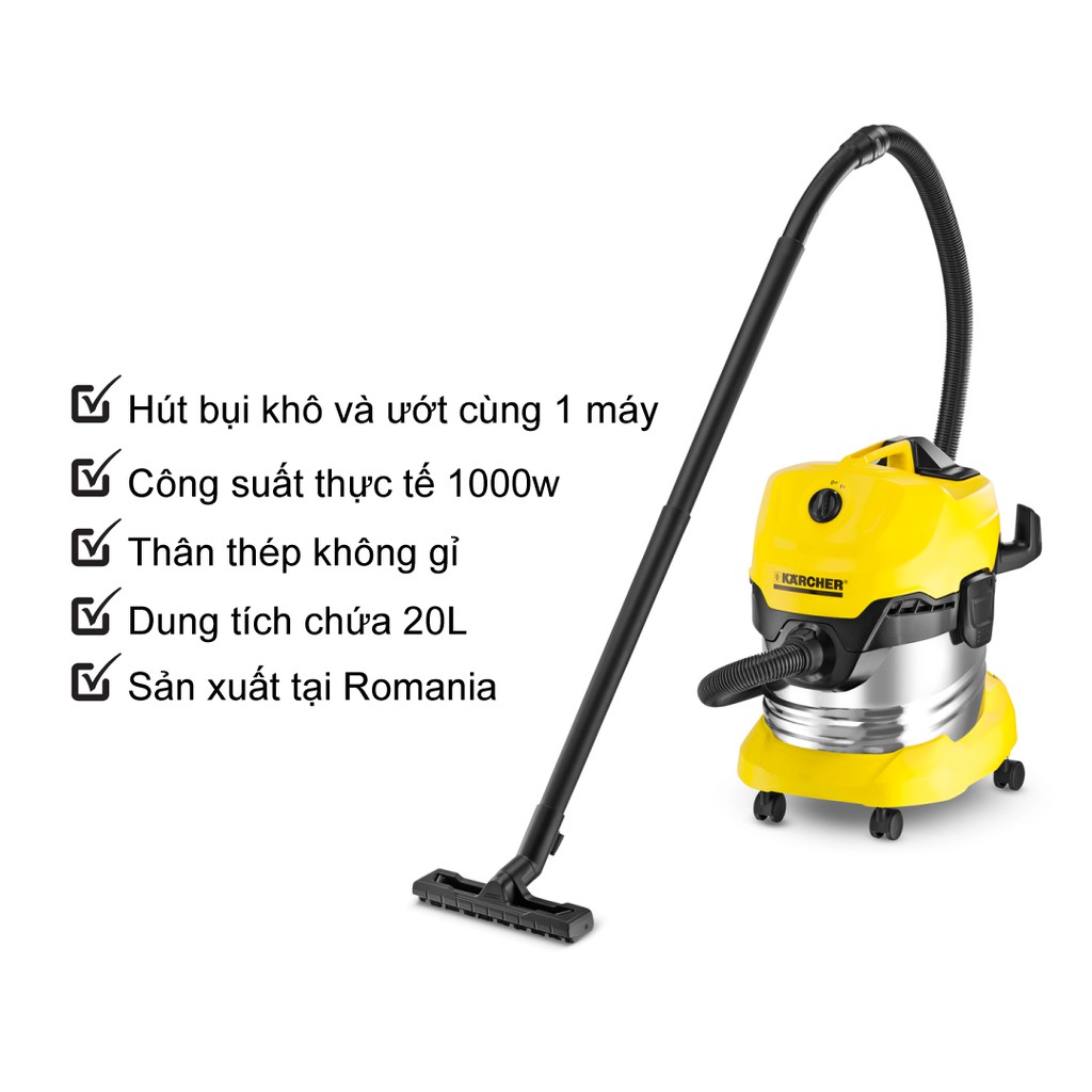 (Sản xuất Romania) Máy hút bụi khô và ướt Karcher WD 4 Premium công suất 1000w với thùng chứa thép chóng gỉ 20 lít | BigBuy360 - bigbuy360.vn