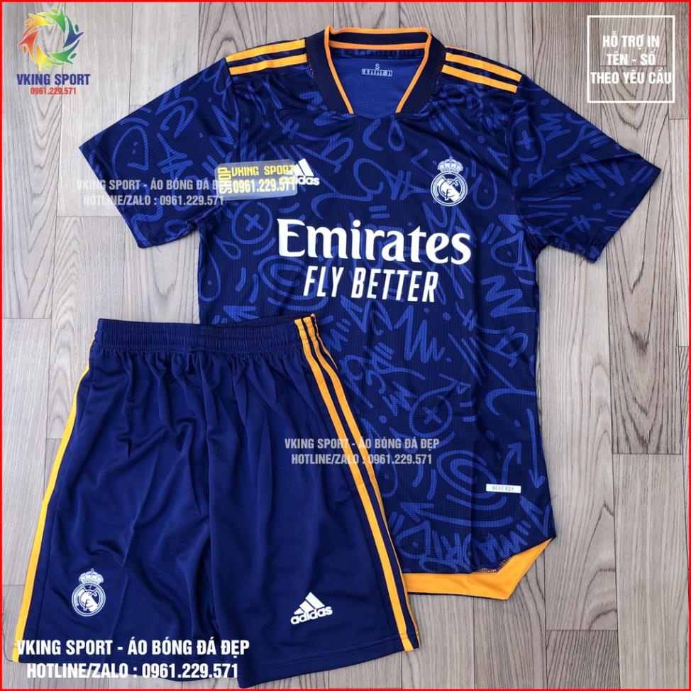 Áo Real Madrid Sân Khách 2022 | Bộ Quần Áo Bóng Đá CLB Real Madrid 2021/2022 Sân Khách Màu Xanh Hàng Thái Xịn !