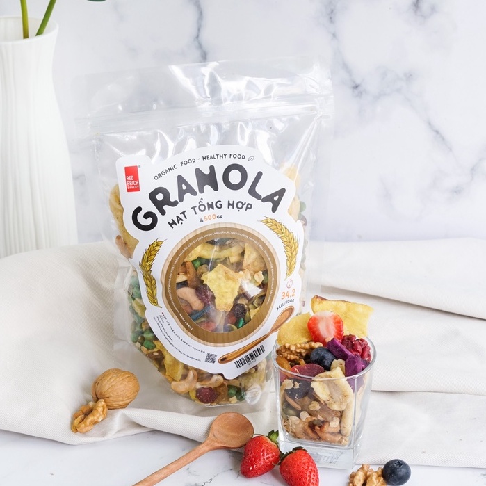 Granola Cao Cấp Mix 12 Loại Hạt Thương Hiệu Gạch Đỏ 500G Óc Chó Macca Ít Yến Mạch