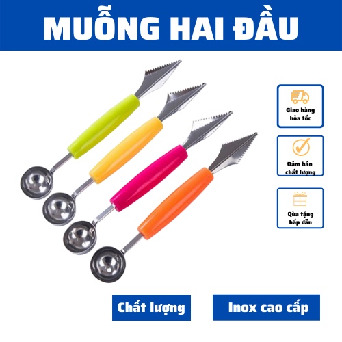 thìa muỗng 2 đầu múc kem, trái cây tạo hình đa dạng bằng thép không gỉ dụng cụ nhà bếp đa năng an toàn đa dạng màu sắc