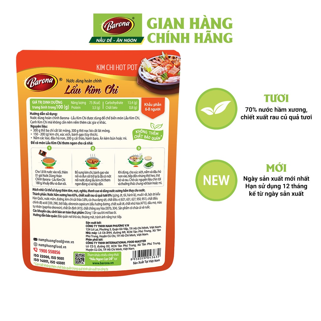 Nước Dùng Lẩu Kim Chi Barona 180g, combo 1 gói + 1 gói Gia Vị Nướng Hàn Quốc Barona 80g