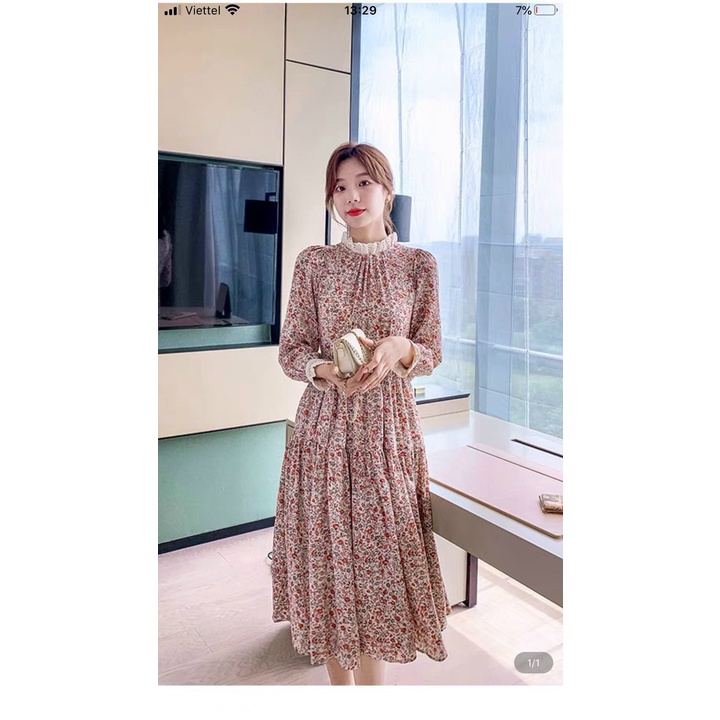 Váy bầu , đầm bầu thu đông thiết kế hoa nhí chất lụa mềm mại vintage - dáng xuông thoải mái kèm đai thắt nơ