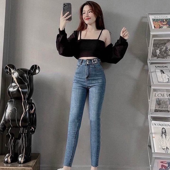 Quần jean nữ co giãn, quần bò lưng cao 9 tấc dáng ôm body cạp cao nhiều mẫu Bi_shop 173 ms611