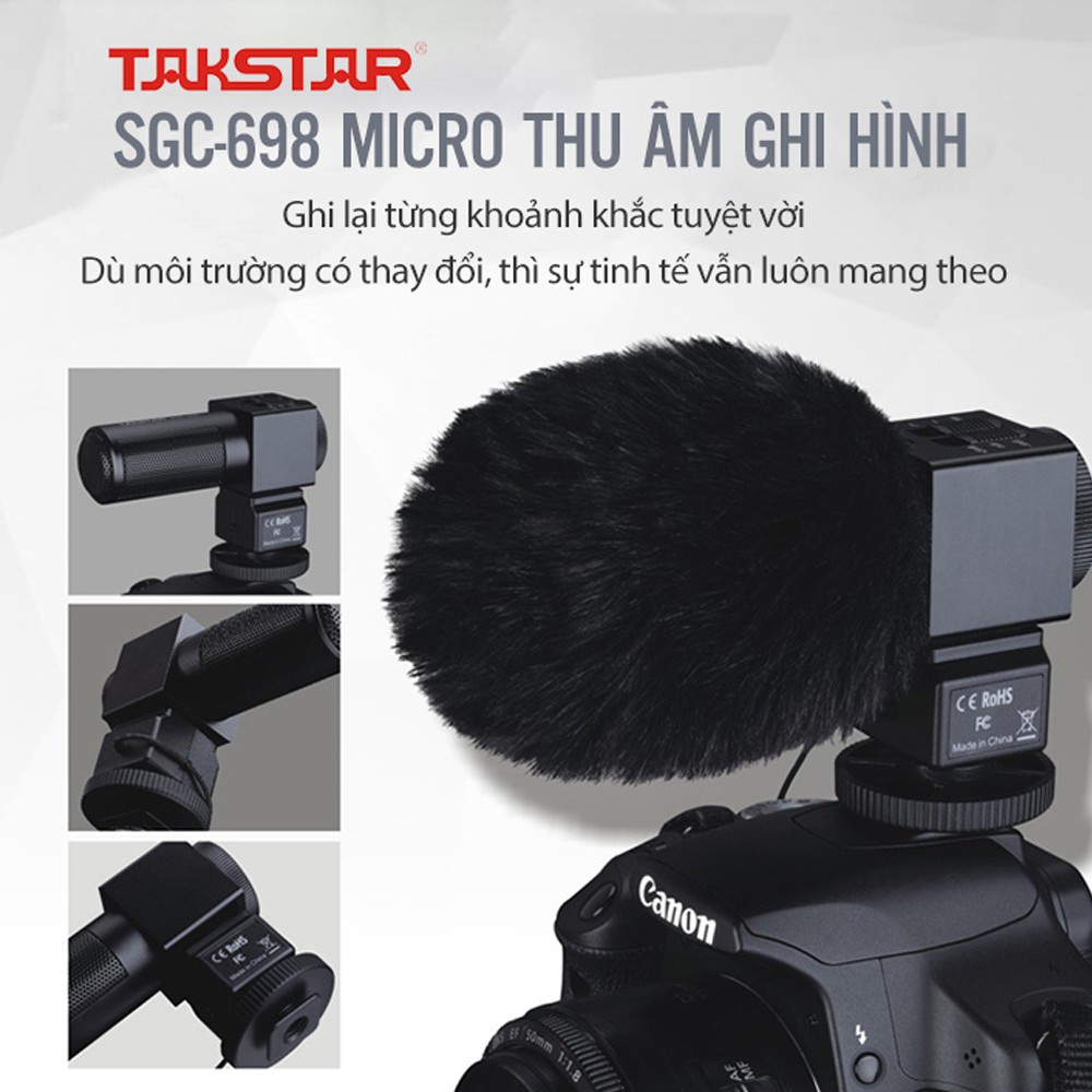 Mic Thu Âm Gắn Máy Quay Cao Cấp Takstar SGC-698 Giảm Ồn, Điều Chỉnh Độ Nhạy, Lọc Tạp Âm Chính Hãng Bảo Hành 1 Năm