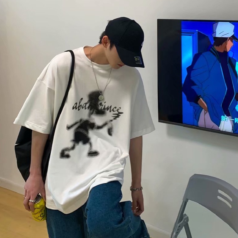 Áo thun tay ngắn dáng rộng in họa tiết hoạt hình phong cách đường phố hiphop cho nam size M-5XL