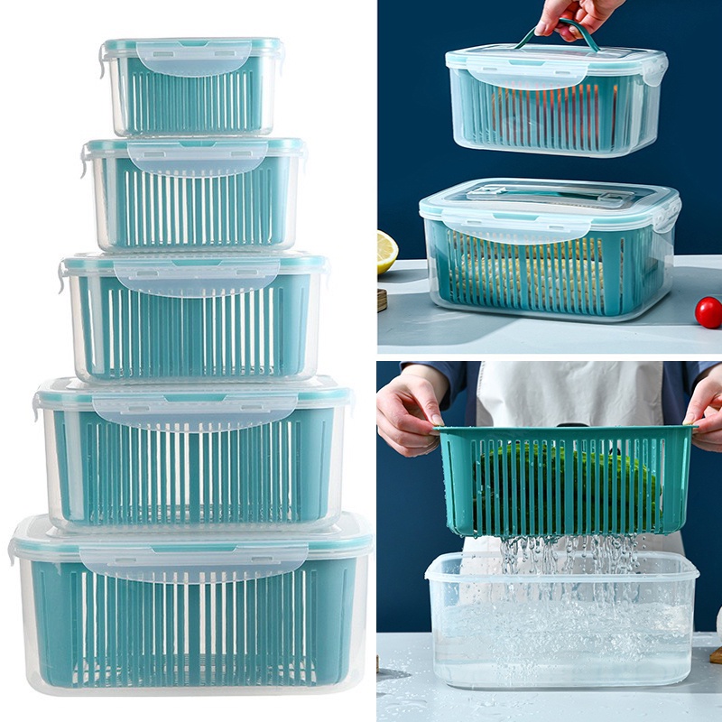 [ HÀNG LOẠI 1 ] Set 5 Hộp Đựng Thực Phẩm 2 Lớp Tách Nước Dạng Rổ Ráo Nước Có Nắp Và Quai Cầm Cao Cấp