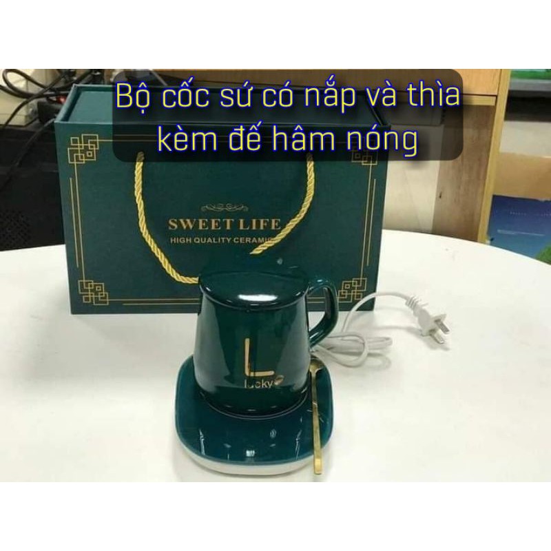 Bộ cốc sứ có nắp và thìa kèm đế hâm nóng giữ nhiệt