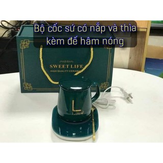 Bộ cốc sứ có nắp và thìa kèm đế hâm nóng giữ nhiệt