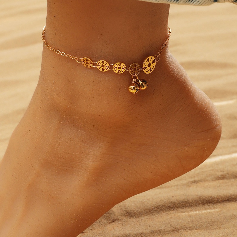 Chinese Style Copper Coin And Bead Bell Anklet For Women And Girls Gold Rose Gold Color Anklet Length 20+6cm