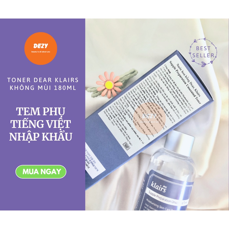 [CHÍNH HÃNG] Toner Klairs Nước Hoa Hồng Toners Không Mùi Da Dầu Da Mụn Skincare Dưỡng Ẩm Cùng Bông Tẩy Trang Dezy Shop