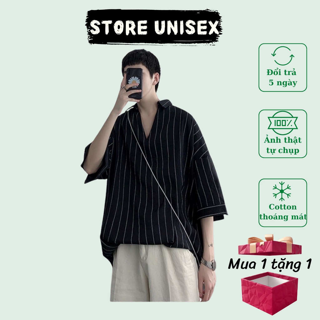 Áo Sơ Mi Nam A002 Form Rộng Phong Cách Hàn Quốc, Áo Sơ Mi Tay Lỡ Unisex Vải Lụa Kẻ Sọc Thoáng Mát