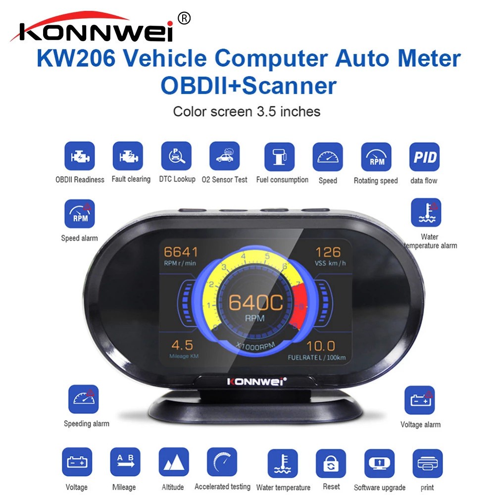 Mới Thiết Bị Đo Tốc Độ konnwei kw206 obdii + Màn Hình hud 12v obd2 Cho Xe Hơi