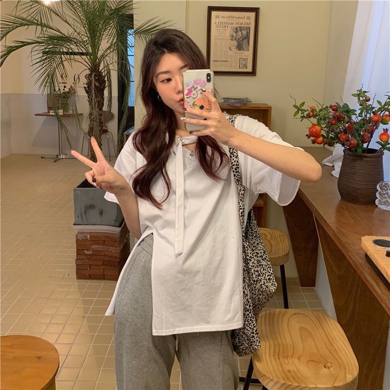 Áo Thun Tay Ngắn Màu Trơn Xẻ Tà Dễ Phối Đồ Thời Trang Mùa Hè Cho Nữ